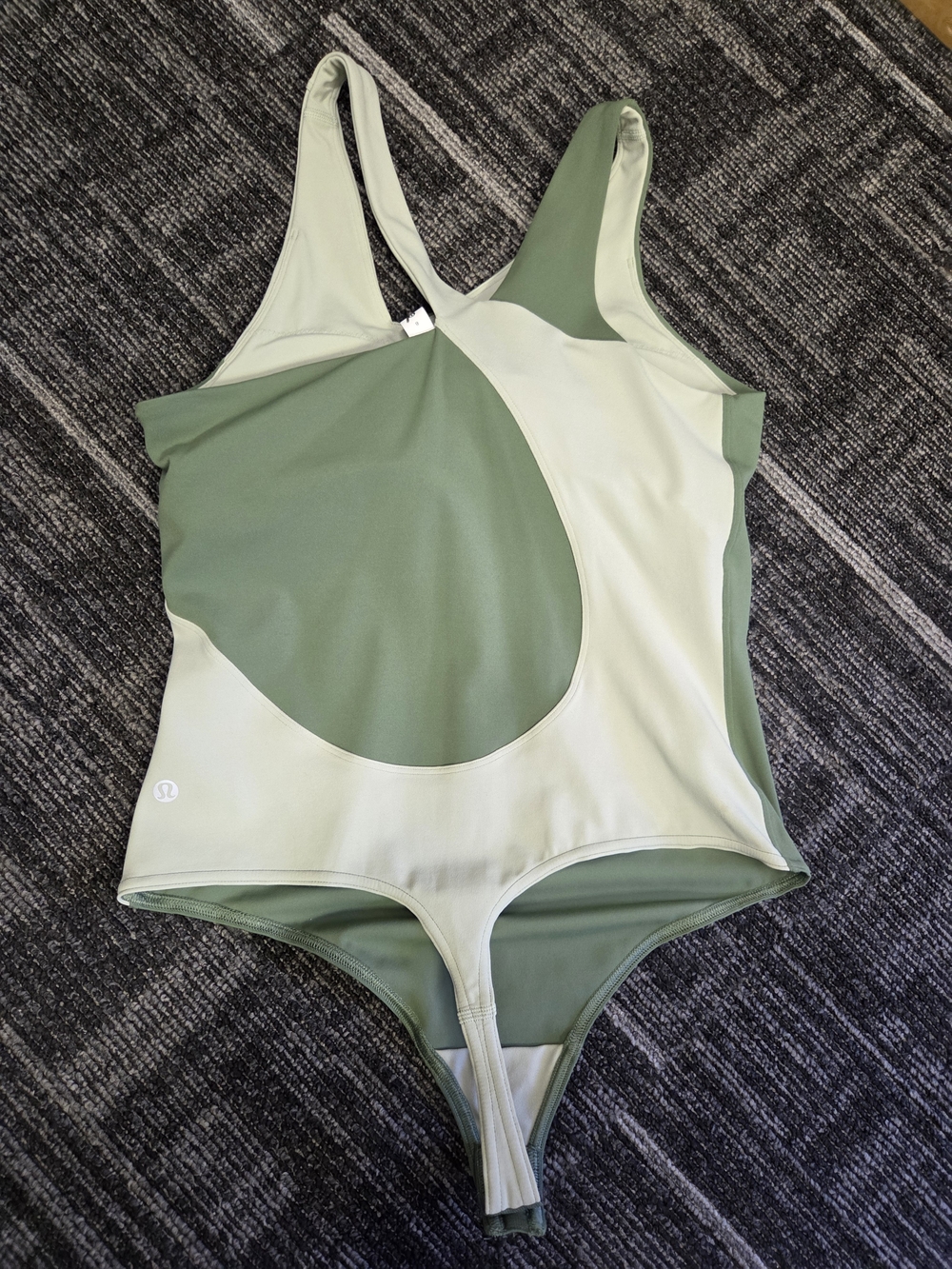lululemon Nulu Asymmetrical Two-Tone Green Twill And Green Fern Bodysuit